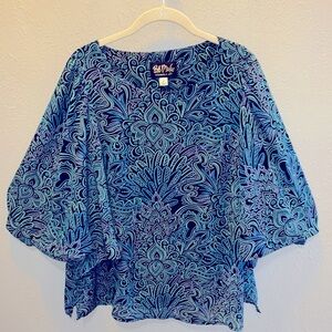 BOB MACKIE Blue Batwing Kimono Print Tunic Top Wearable Art Women’s Size Medium